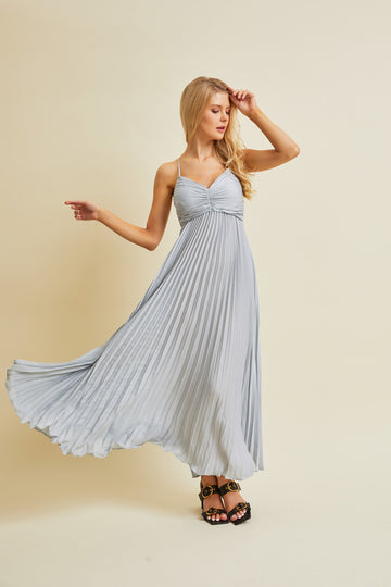 Silver Pleated Back Cutout Tie Maxi Dress