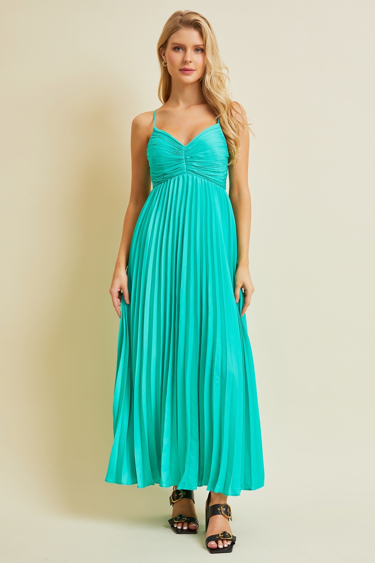 turquoise maxi dress Turquoise Pleated Back Cutout Tie Maxi Dress – PinkBlush