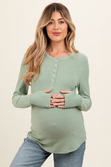 Sage Button Front Soft Knit Long Sleeve Henley Maternity Top