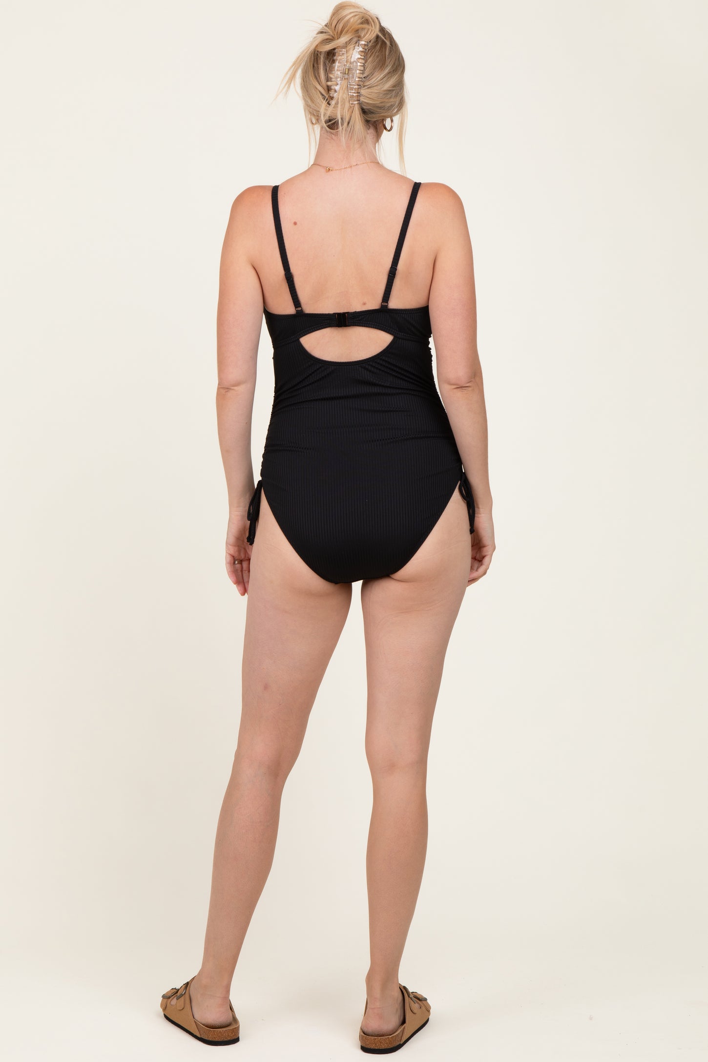Black Ribbed Wrap Front Drawstring Side One-Piece Swimsuit