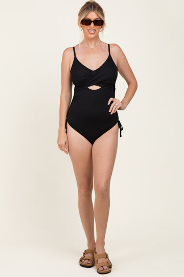 Black Ribbed Wrap Front Drawstring Side One-Piece Swimsuit