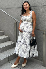 Charcoal Floral Sleeveless Ruffle Tiered Maternity Midi Dress