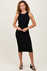 Black Sleeveless Ribbed Midi Dress