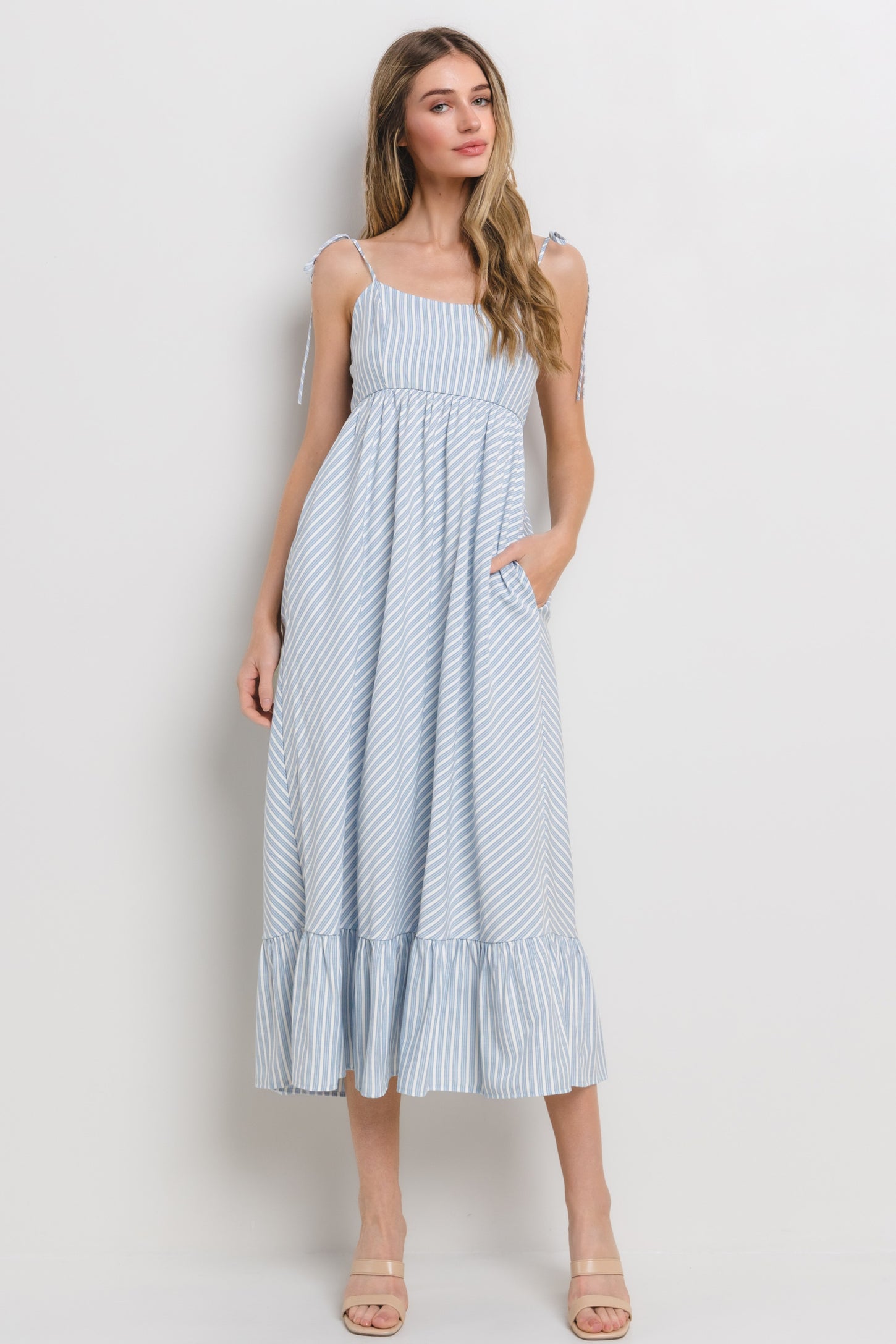 Blue Striped Tie Strap Maternity Maxi Dress