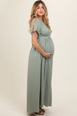 Light Olive Open Back Maternity Maxi Dress