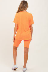 Orange Rib Knit T-Shirt And Biker Short Maternity Set