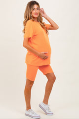Orange Rib Knit T-Shirt And Biker Short Maternity Set