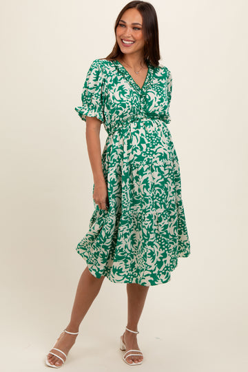 Green Ruffle Trim Tiered Maternity Dress