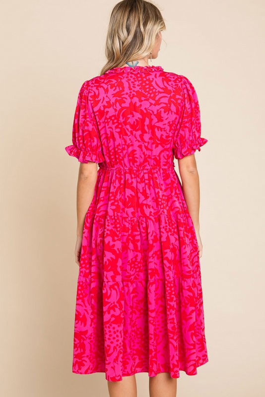 Fuchsia Print Ruffle Trim Tiered Dress