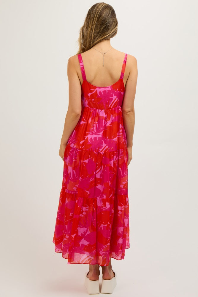 Fuchsia Leaf Print Sleeveless Tiered Maternity Midi Dress