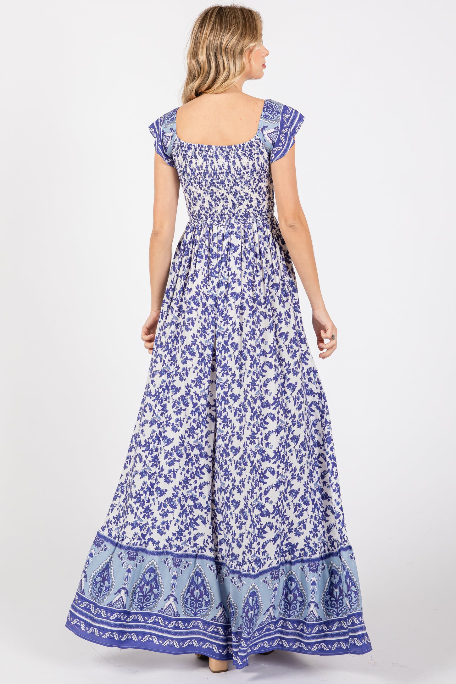 Blue Floral Off Shoulder Maxi Dress