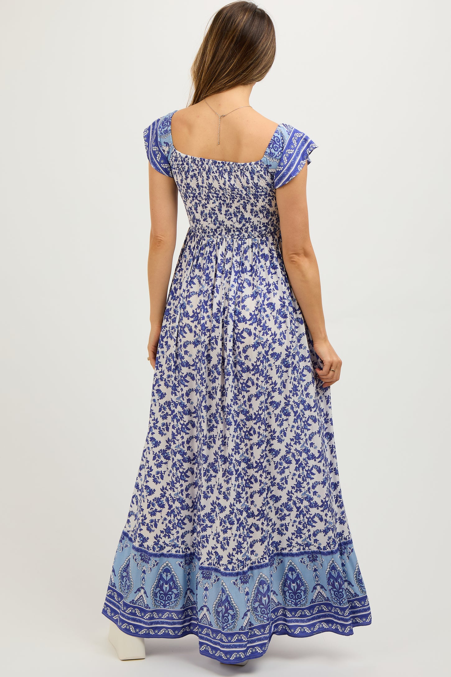 Blue Floral Off Shoulder Maternity Maxi Dress