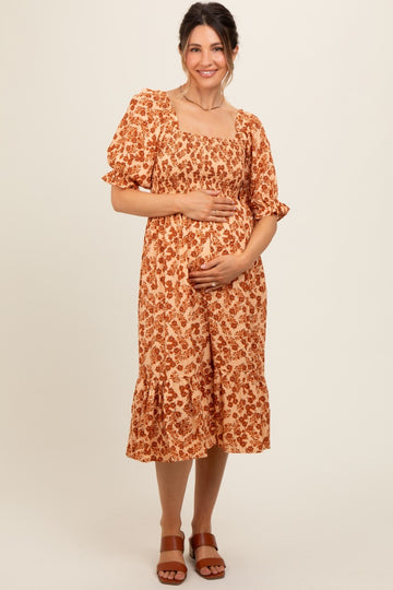 Rust Square Neck Smocked Maternity Dress