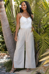 Taupe Striped Linen Slit Hem Pants