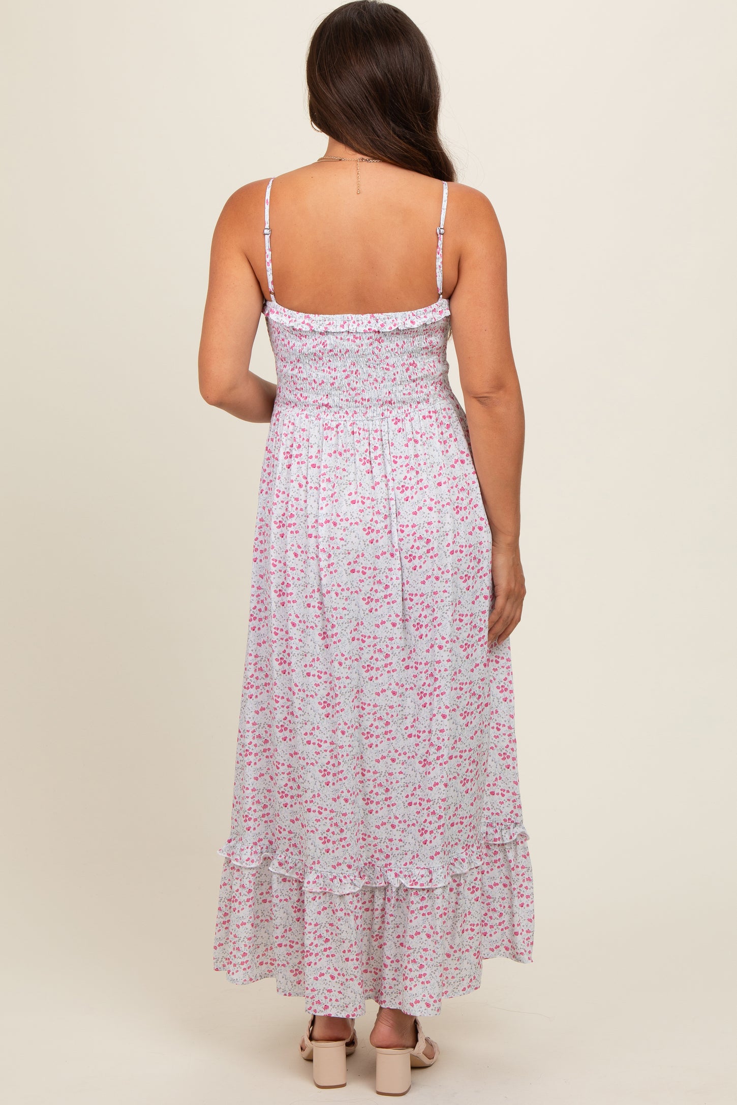 Cream Floral Ruffle Square Neck Smocked Waist Maternity Maxi Dress