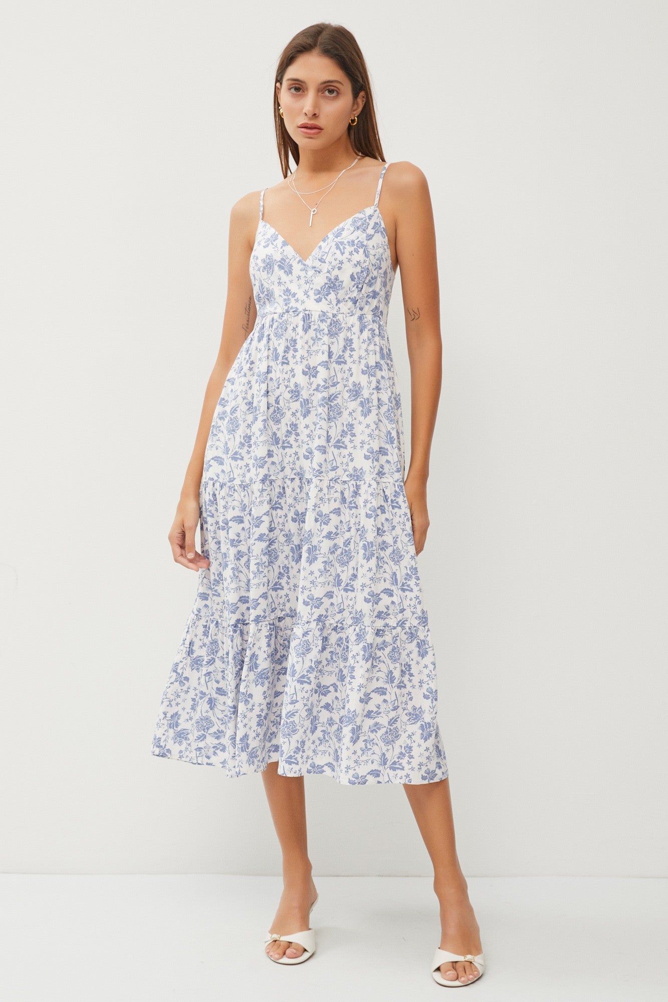 Blue Floral Sleeveless Tiered Maternity Midi Dress