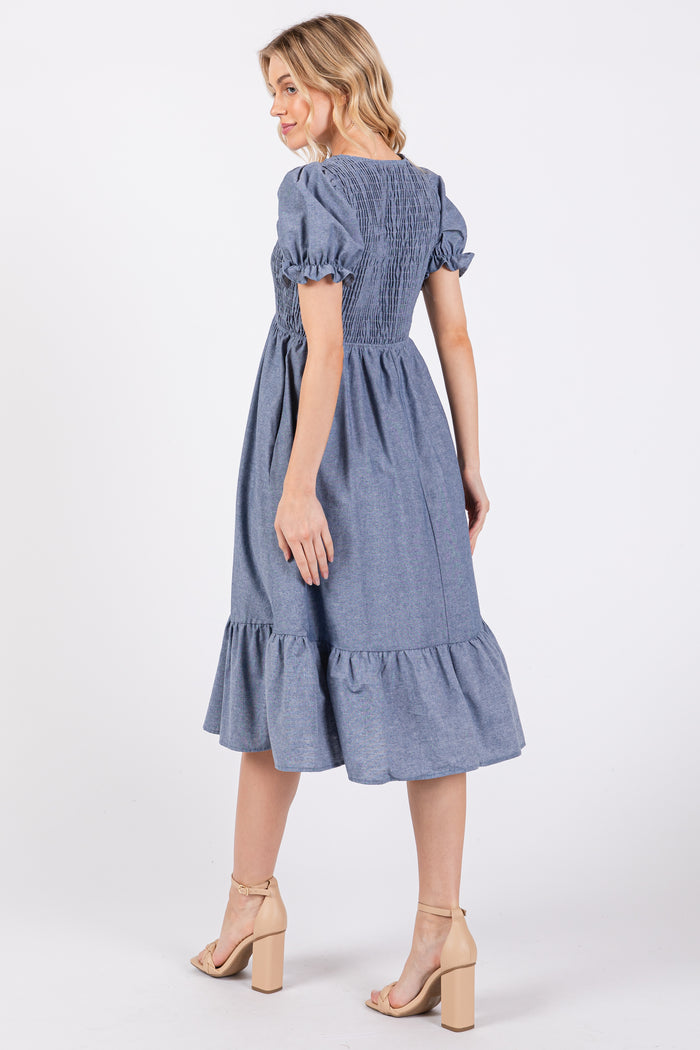 Blue Chambray Smocked Puff Sleeve Dress