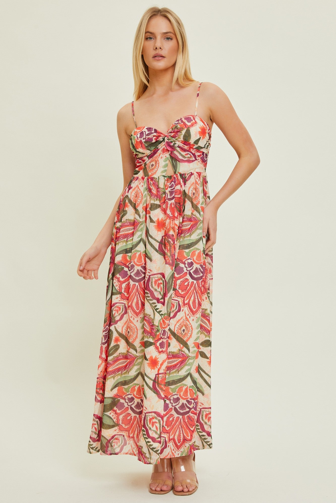 Cream Floral Sleeveless Front Cutout Maternity Midi Dress