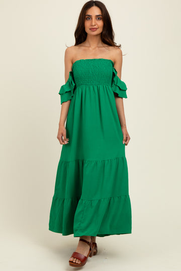 Kelly Green Solid Flared Sleeve Long Tiered Dress