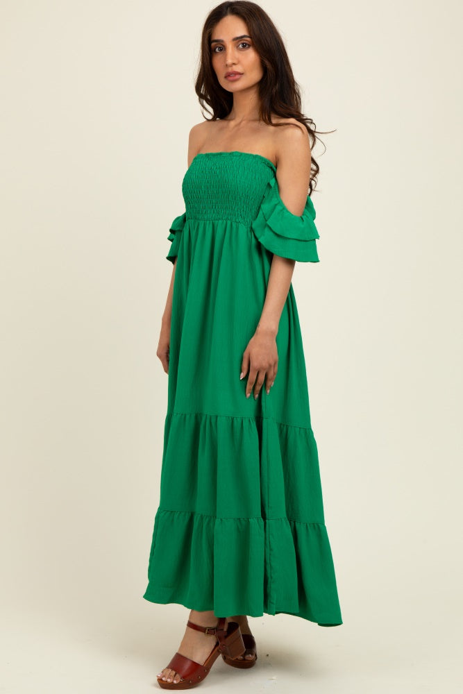 Kelly Green Solid Flared Sleeve Long Tiered Maternity Dress