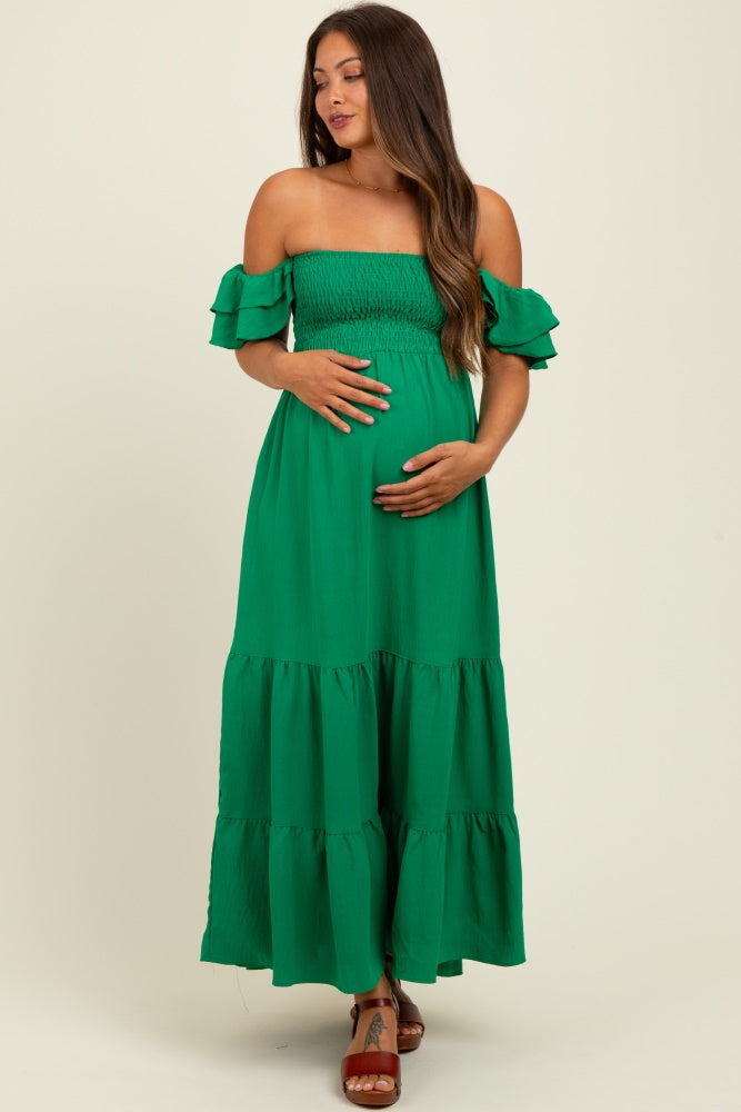 Kelly Green Solid Flared Sleeve Long Tiered Maternity Dress