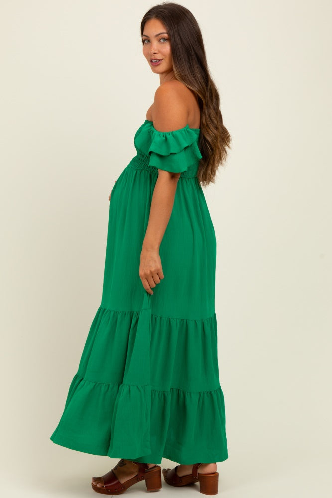 Kelly Green Solid Flared Sleeve Long Tiered Maternity Dress