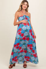 Blue Floral Halter Maternity Maxi Dress