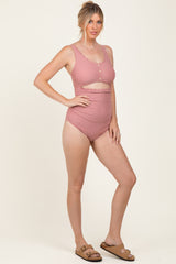 Mauve Scalloped Cutout Ruched One Piece Swimsuit