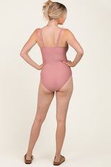 Mauve Scalloped Cutout Ruched One Piece Swimsuit