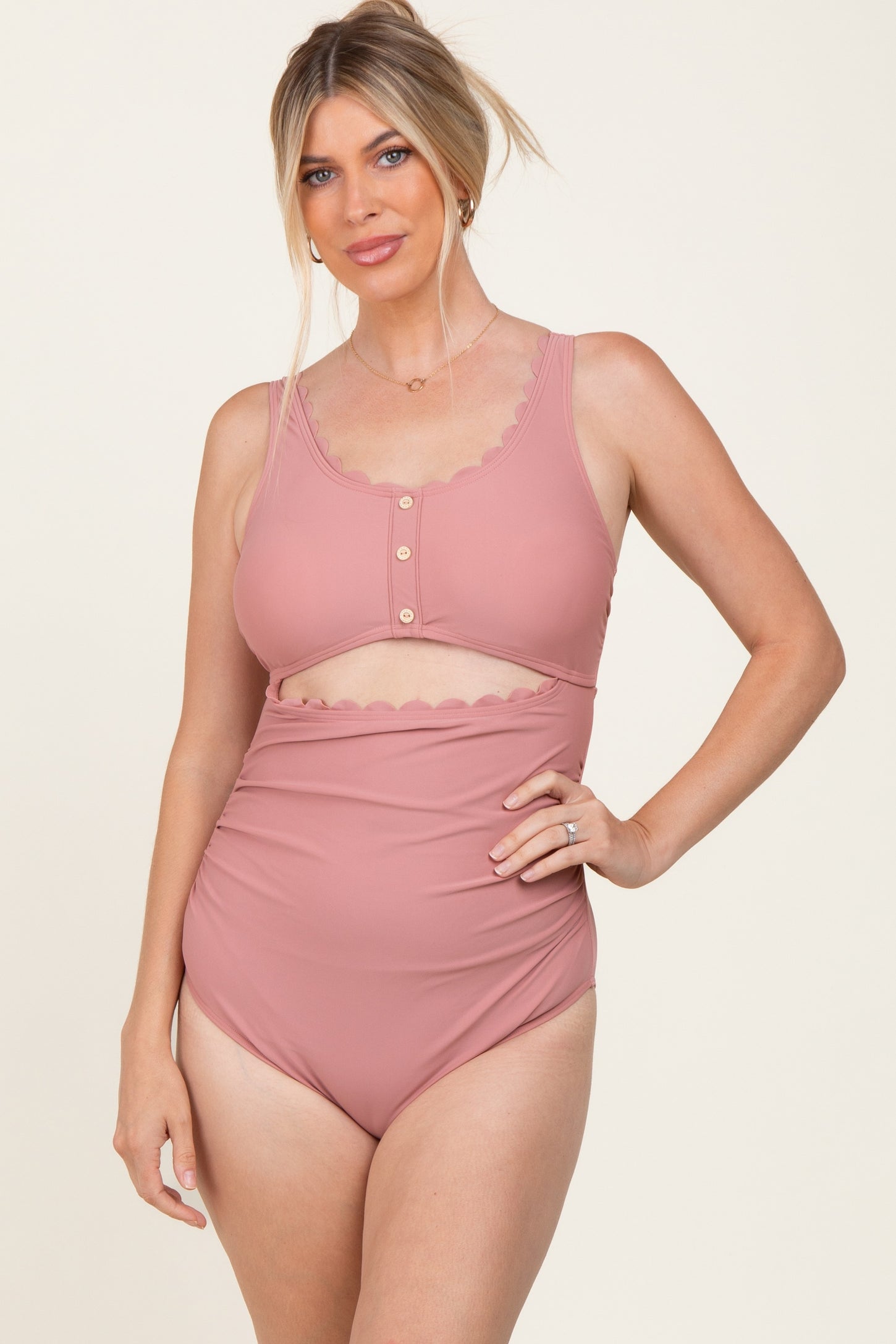 Mauve Scalloped Cutout Ruched One Piece Swimsuit