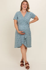 Jade Floral Wrap Front V-Neck Short Sleeve Maternity Dress