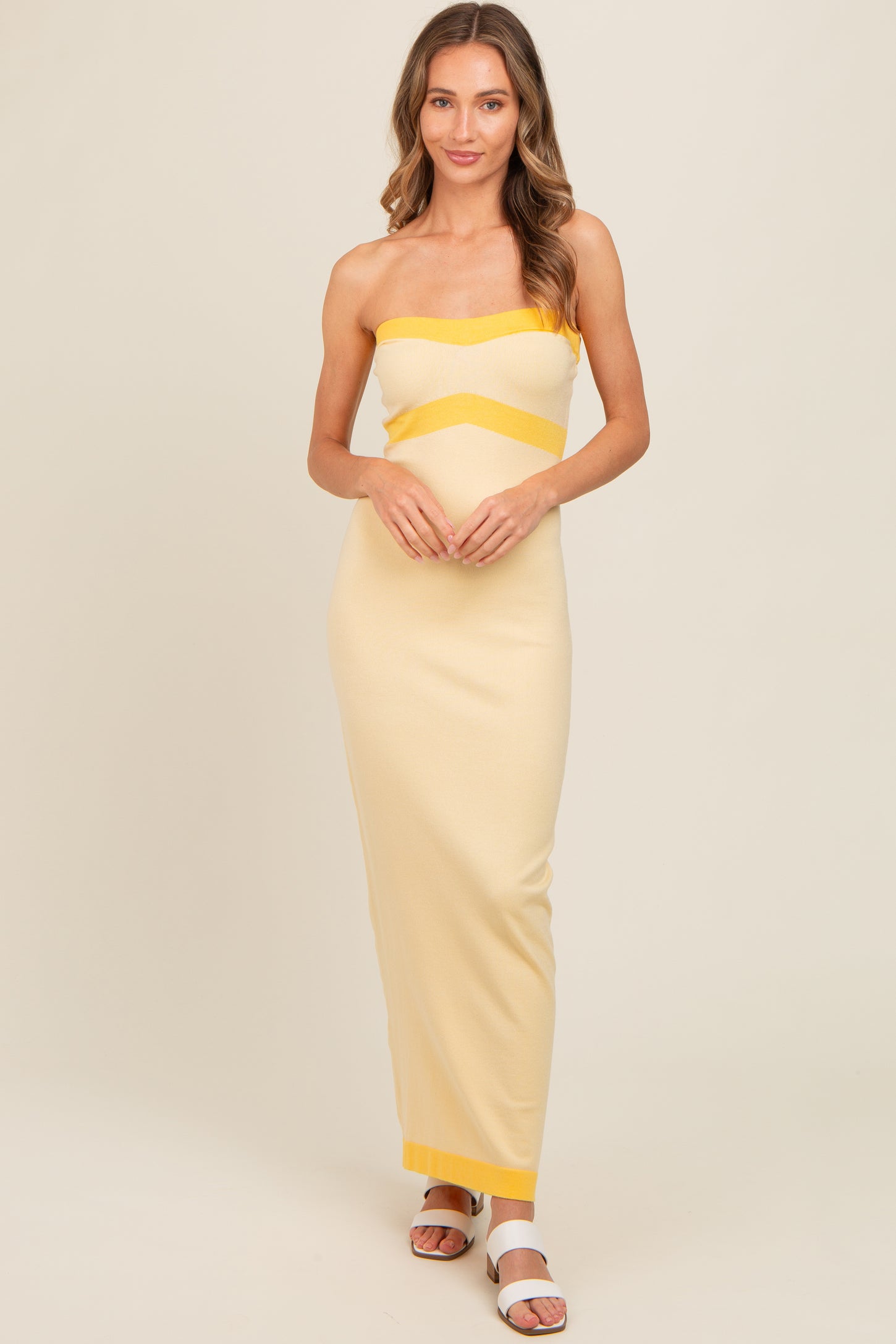 Yellow Strapless Contrast Trim Maxi Dress