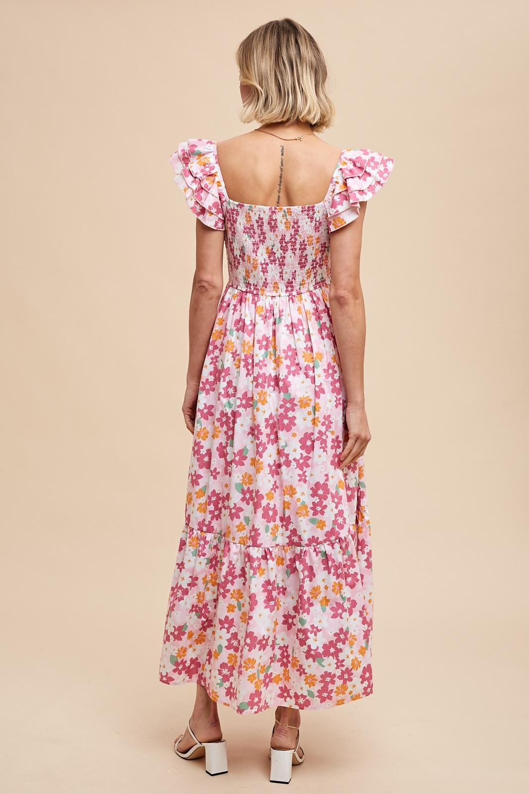 Pink Floral Smocked Ruffle Sleeve Maxi Dress