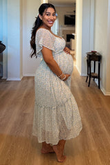 Light Blue Floral Flounce Sleeve Maternity Midi Dress