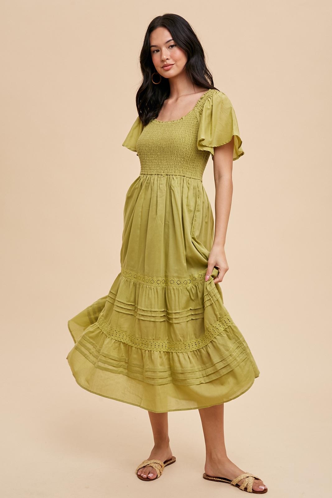 Green Smocked Short Sleeve Midi Dress