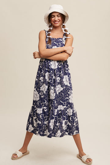 Navy Floral Tiered Sleeveless Midi Dress