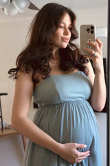 Green Square Neck Shoulder Tie Tulle Maternity Maxi Dress