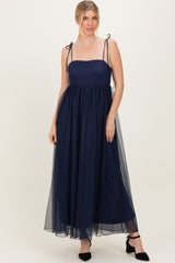 Navy Blue Square Neck Shoulder Tie Tulle Maternity Maxi Dress