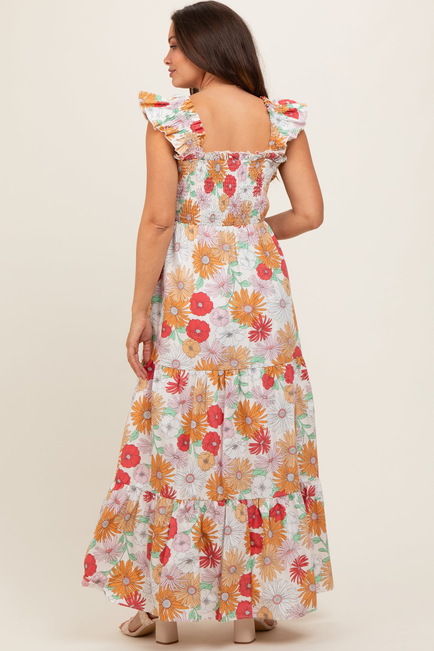 Ivory Floral Smocked Tiered Maternity Maxi Dress