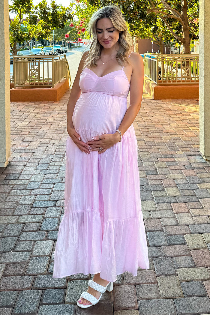 Light Pink Sleeveless Tiered Maternity Maxi Dress