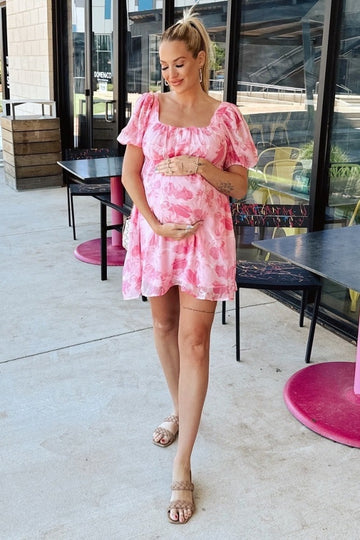 Pink Floral Puff Sleeve Maternity Mini Dress