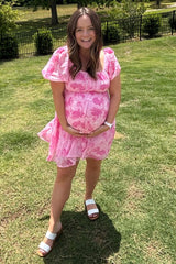 Pink Floral Puff Sleeve Maternity Mini Dress