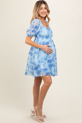 Blue Floral Puff Sleeve Maternity Mini Dress