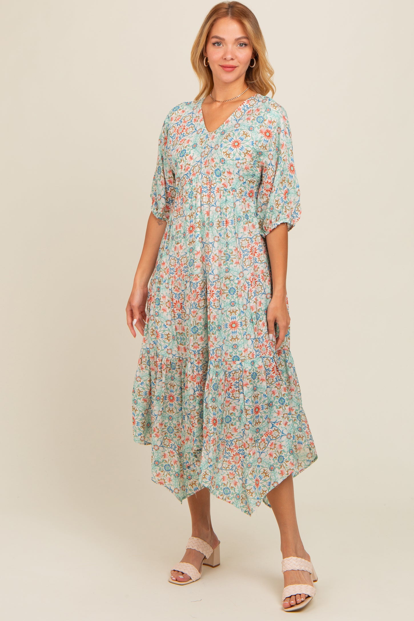 Mint Green Floral Border Print V-Neck Tiered Midi Dress