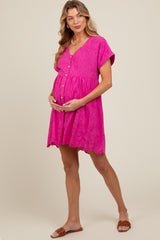 Fuchsia Eyelet Button Front Short Sleeve Maternity Dress