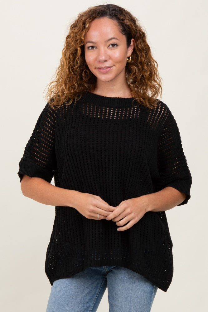 Black Crochet Knit Short Dolman Sleeve Top
