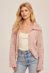 Light Pink Pointelle Collared Button Down Sweater Cardigan