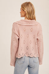 Light Pink Pointelle Collared Button Down Sweater Cardigan