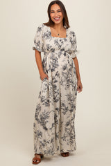 White Floral Smocked Square Neck Wide Leg Maternity Jumpsuit