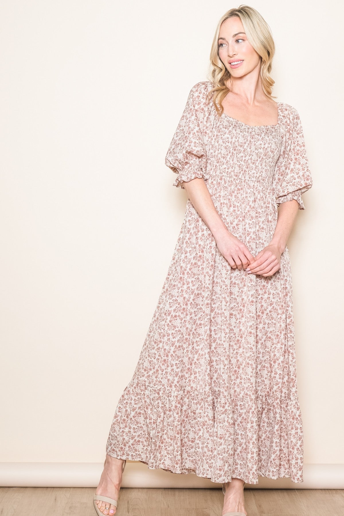 Cream Sweetheart Neck Smocked Ruffle Hem Maternity Maxi Dress